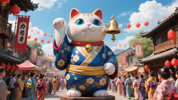 Maneki Neko with right paw raised in an asian street festival