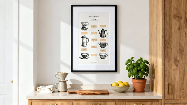 Framed kitchen art mockup showcasing vibrant culinary-themed designs for stylish home decor.