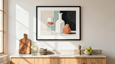 Framed kitchen artwork mockup showcasing vibrant culinary-themed designs for stylish home decor.