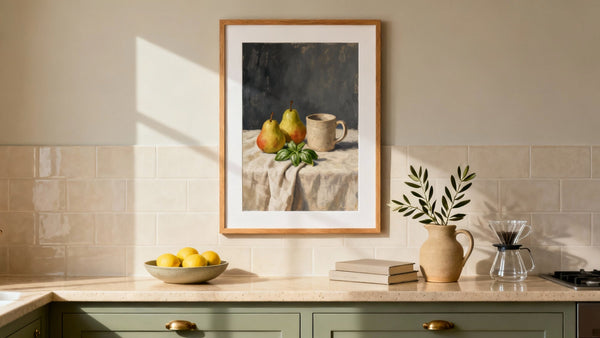 Framed kitchen paintings for wall decor, adding color and style to your kitchen space.