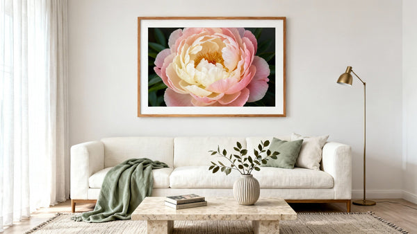 Framed large flower wall art mockup showcasing vibrant floral design for home decor inspiration.