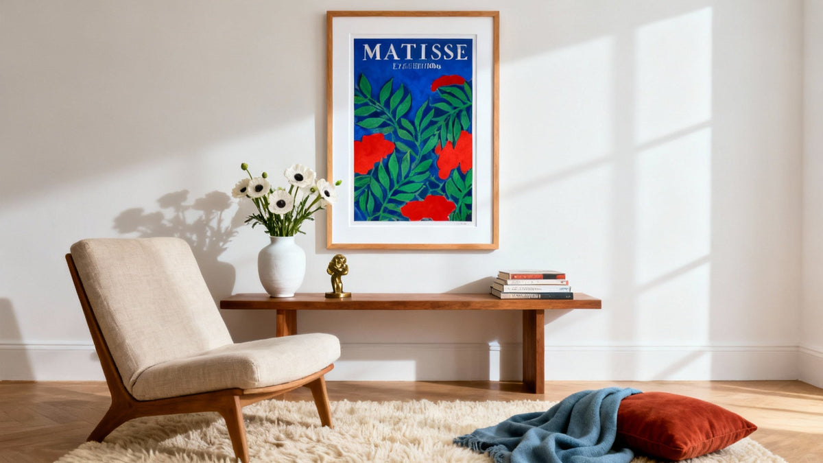 Framed Matisse Exhibition Print mockup showcasing vibrant artwork on a stylish wall. Perfect for art lovers!