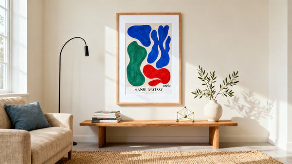 Framed Matisse Exhibition Print mockup showcasing vibrant colors and artistic design on a stylish wall.