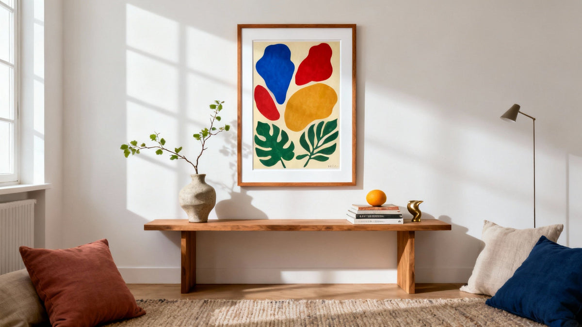 Framed Matisse inspired art mockup showcasing vibrant colors and abstract shapes.