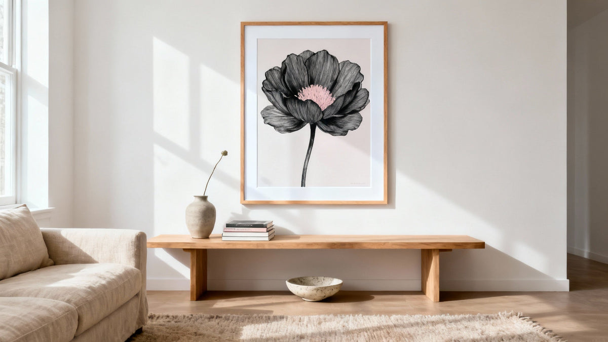 Framed minimalist flower wall art mockup enhancing a modern room decor.