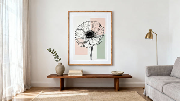 Framed modern floral wall art mockup showcasing vibrant blooms in a stylish interior setting.