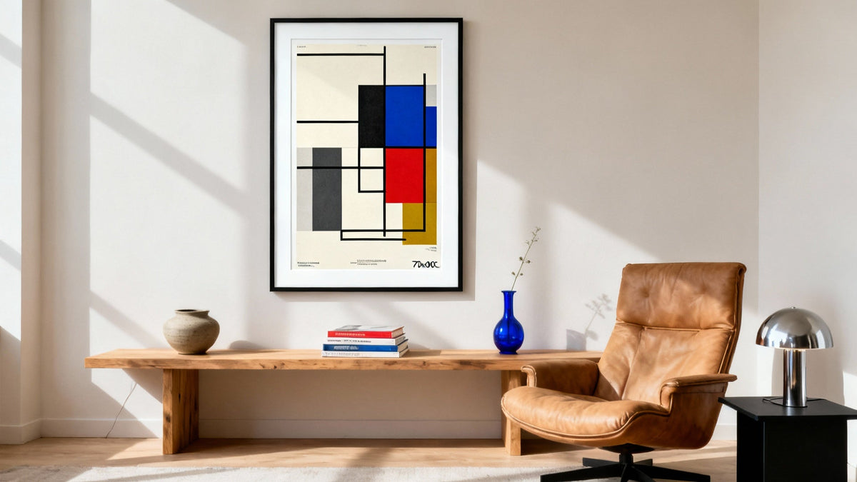 Framed wall art mockup featuring a vibrant modernist poster design.