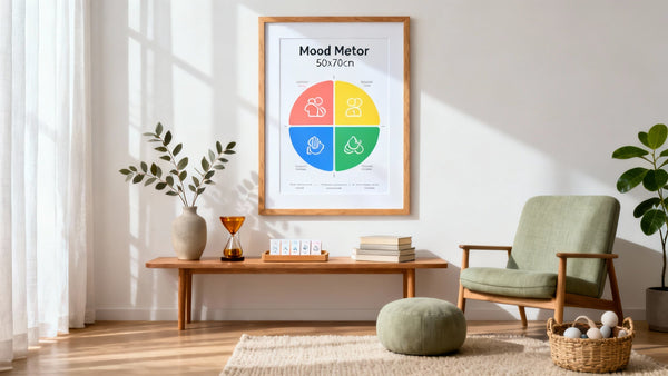 Framed mood posters displayed in a stylish room, enhancing decor with vibrant art and positive vibes.