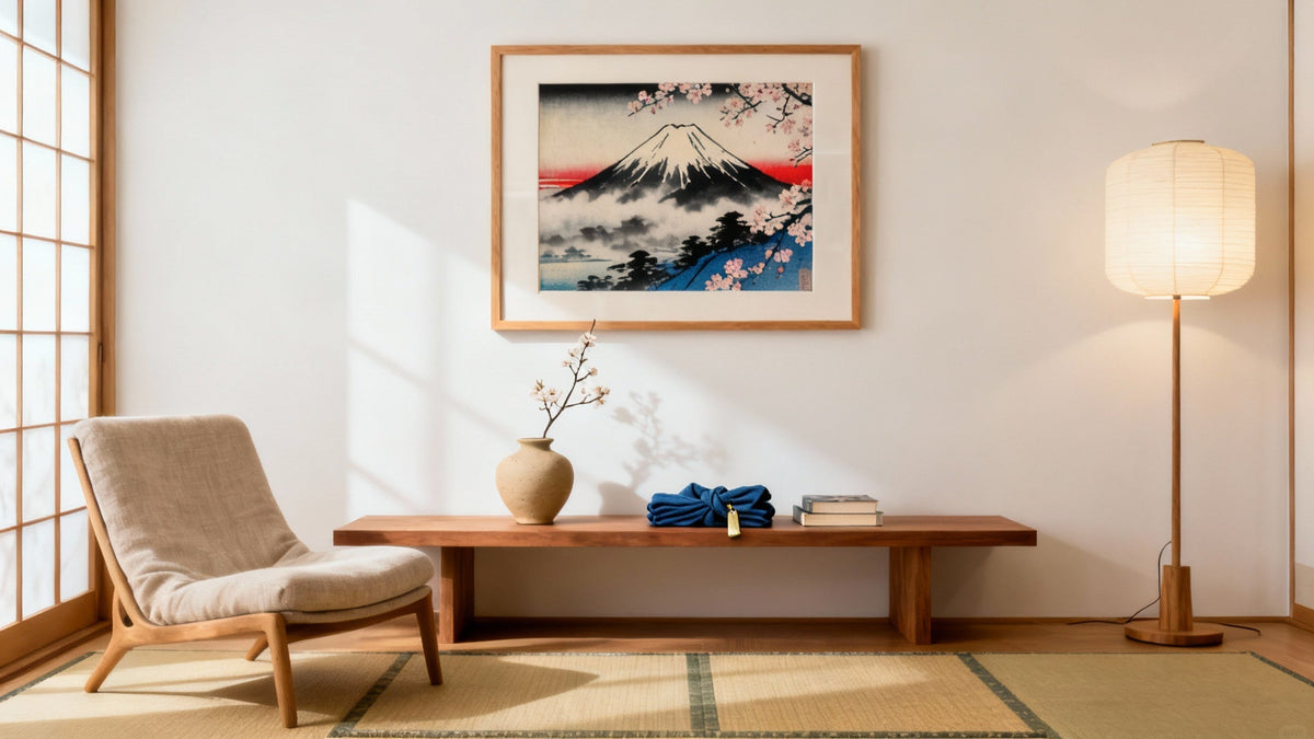 Framed mockup of old Japanese artwork showcasing traditional designs and colors.