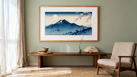 Framed mockup of Oriental Japanese Art showcasing traditional motifs and vibrant colors. Perfect for home decor inspiration.