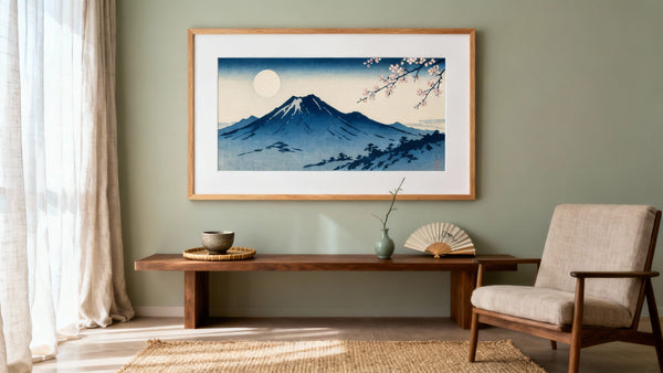 Framed mockup of Oriental Japanese Art showcasing traditional motifs and vibrant colors. Perfect for home decor inspiration.