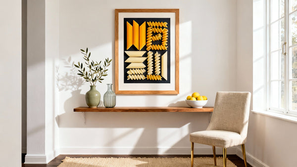 Framed pasta artwork mockup showcasing colorful and creative pasta designs for culinary enthusiasts.