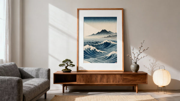 Framed wall art mockup featuring stunning prints of Japanese art, showcasing traditional designs and vibrant colors.