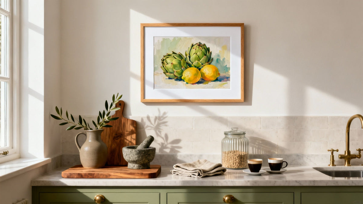 Framed small wall art mockup for kitchen decor, featuring vibrant designs and stylish accents.
