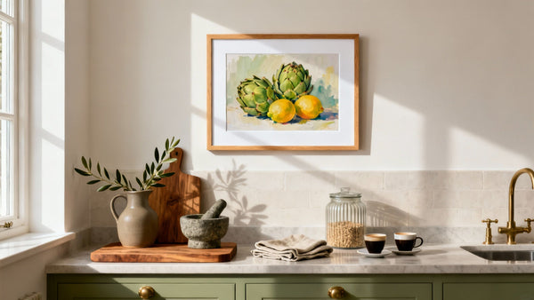 Framed small wall art mockup for kitchen decor, featuring vibrant designs and stylish accents.