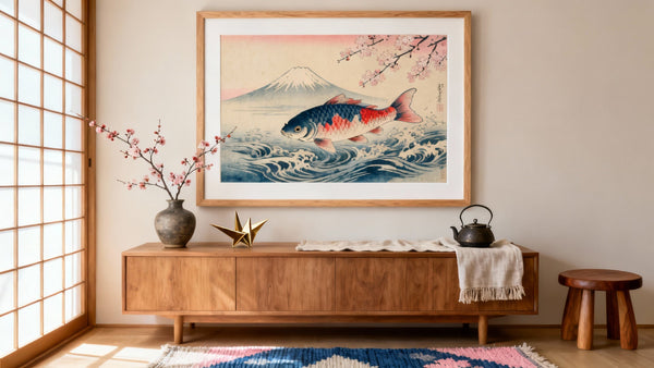 Framed wall art mockup featuring symbols in Japanese art, showcasing cultural elements and aesthetic beauty.