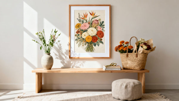 Framed wall art mockup featuring vibrant floral designs inspired by top flower market destinations for fresh blooms.