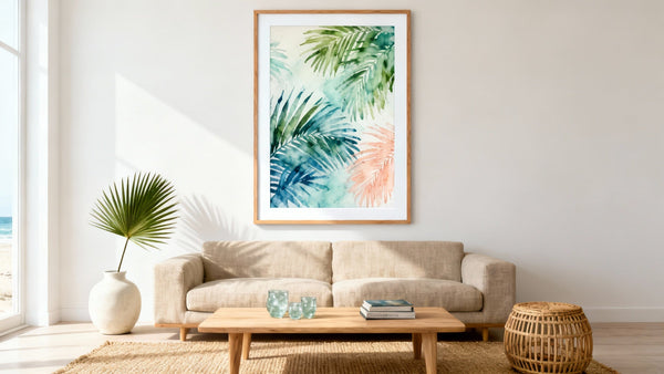 Tropical wall decoration mockup showcasing vibrant framed art in a stylish interior setting.