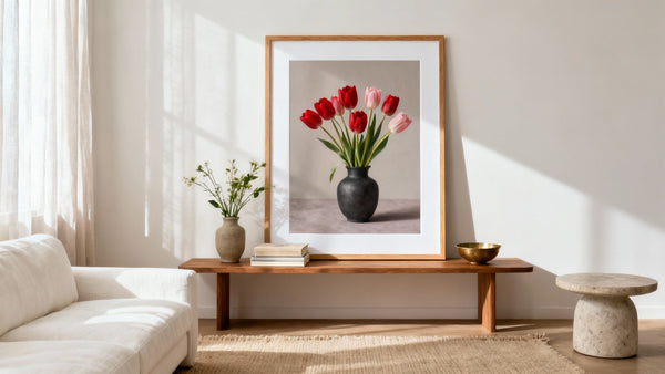 Framed tulip wall art mockup showcasing vibrant floral design for home decor inspiration.