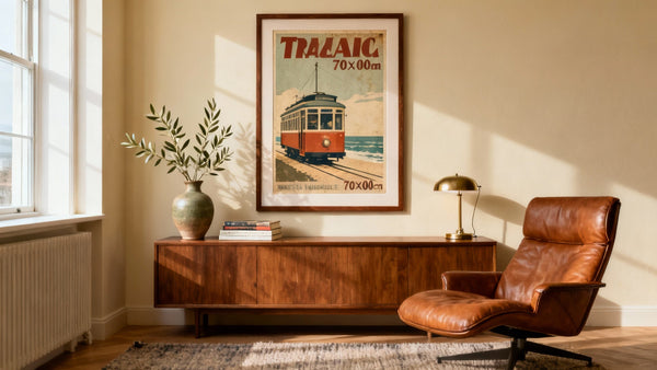 Framed vintage poster artwork mockup showcasing classic design and aesthetic appeal.