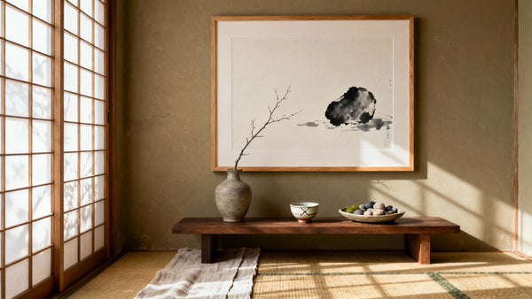 Framed wall art mockup showcasing Wabisabi aesthetic with natural textures and minimalist design.