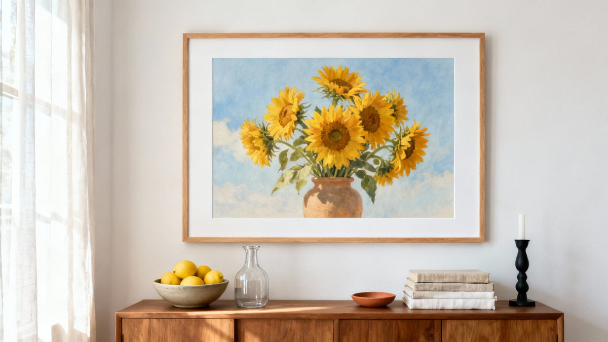 Framed wall art mockup featuring vibrant sunflowers for home decor inspiration.