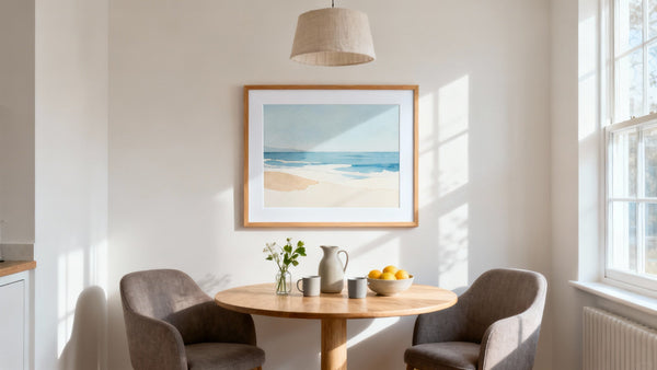 Framed wall art mockup enhancing a cozy breakfast nook decor with stylish design elements.