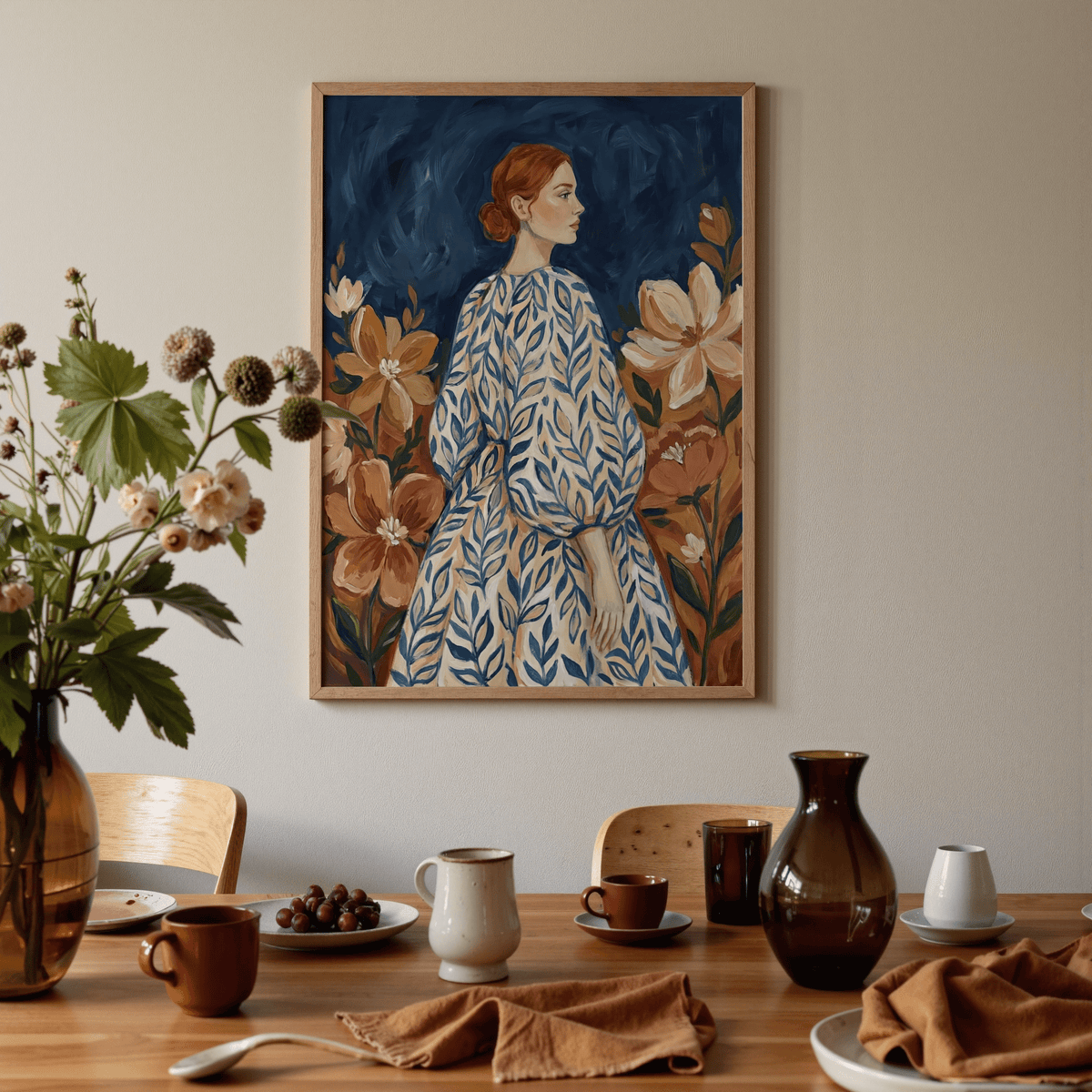 Floral Portrait Art with brown and beige flowers, perfect for apartment living room