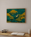 Colorful Japanese Nature Art print, Green and Yellow for entryway wall