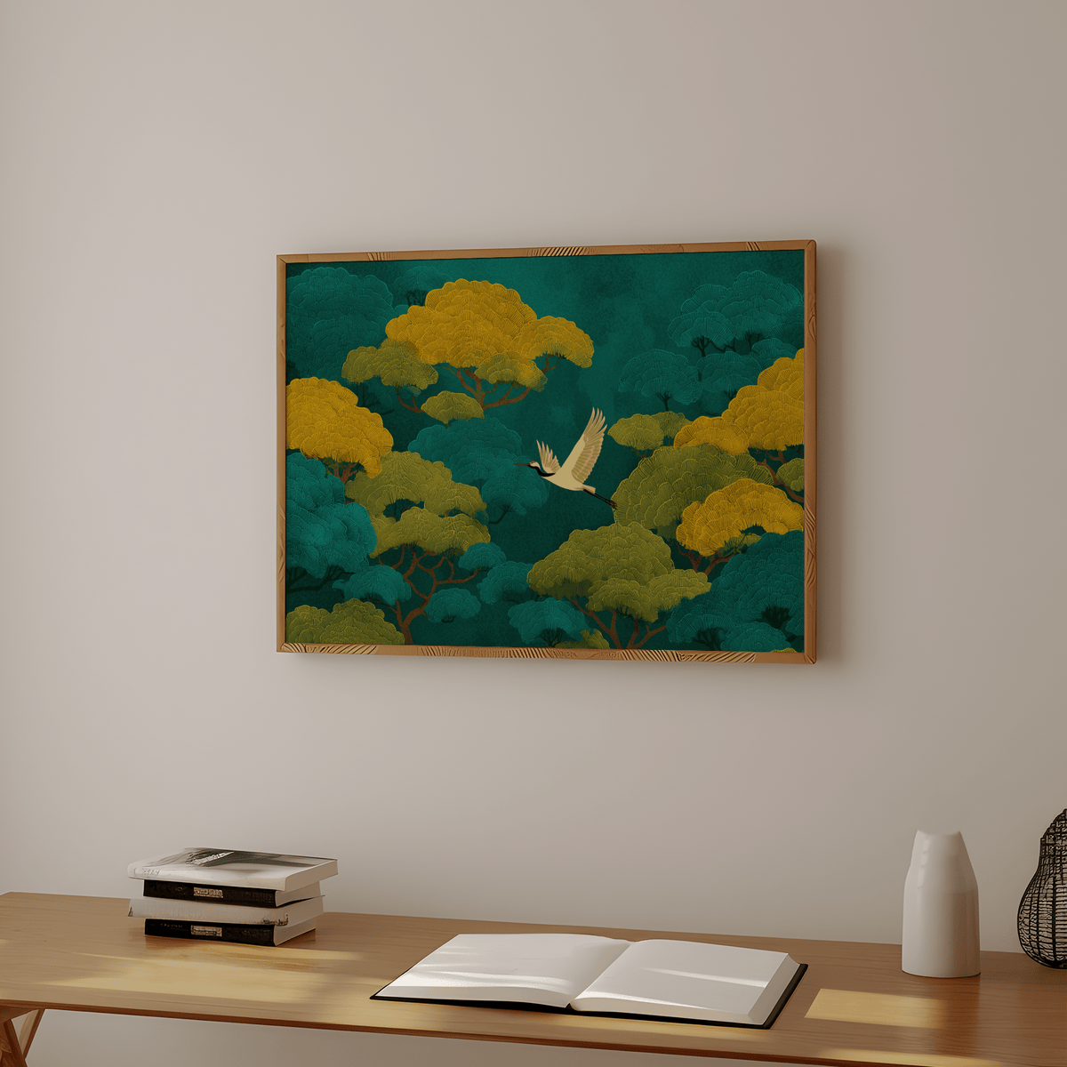 Colorful Japanese Nature Art print, Green and Yellow for entryway wall
