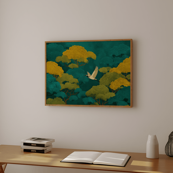 Colorful Japanese Nature Art print, Green and Yellow for entryway wall