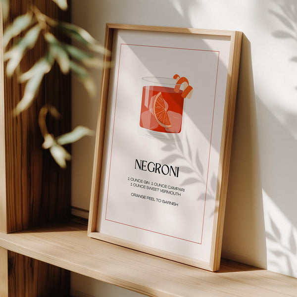 Negroni cocktail poster featuring minimalist glass with orange peel garnish.