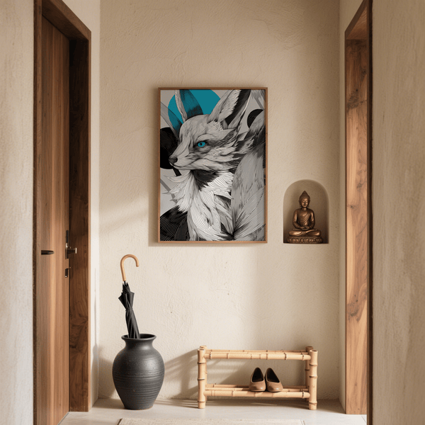 Wall art Japanese Fox Print featuring Blue accents for creative spaces