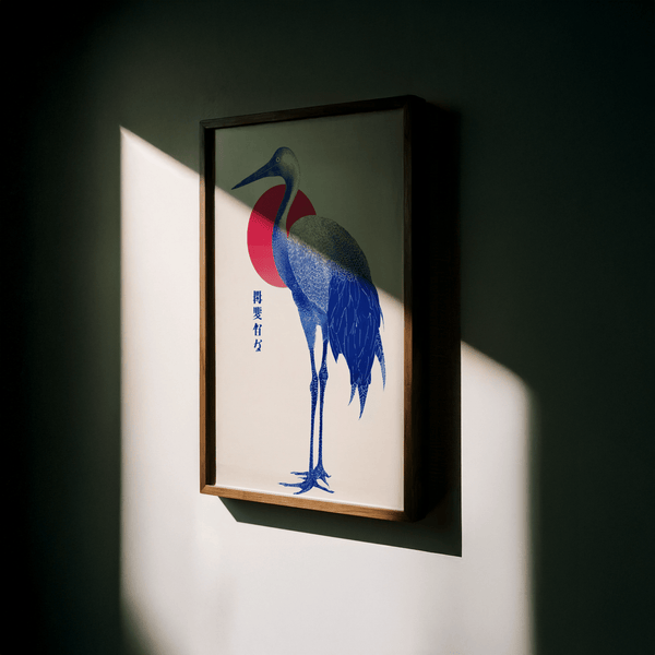 Blue Crane Art Print in Blue and Red, dining room wall art