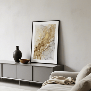 Minimalist decor scene with gray, gold, and beige ink poster