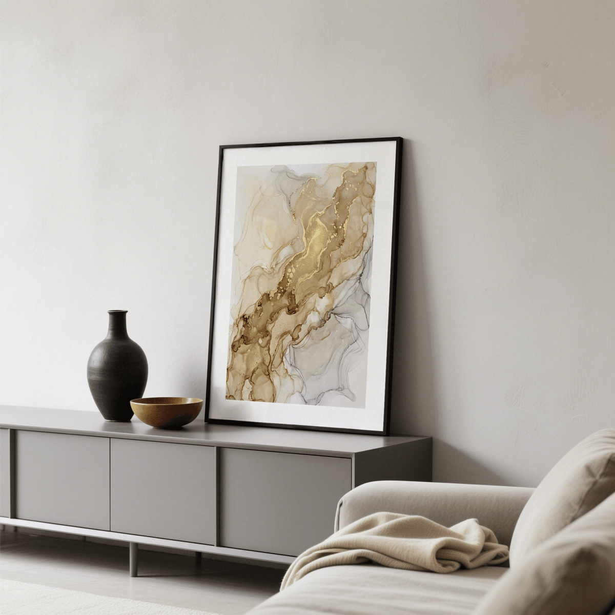 Minimalist decor scene with gray, gold, and beige ink poster