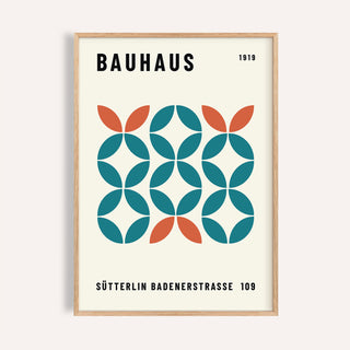 Teal and rust work office wall art with circular Bauhaus shapes