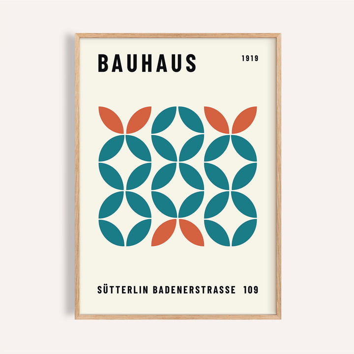 Teal and rust work office wall art with circular Bauhaus shapes