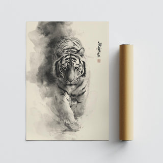 Sumi-e ink painting tiger wall art on cream-toned background.