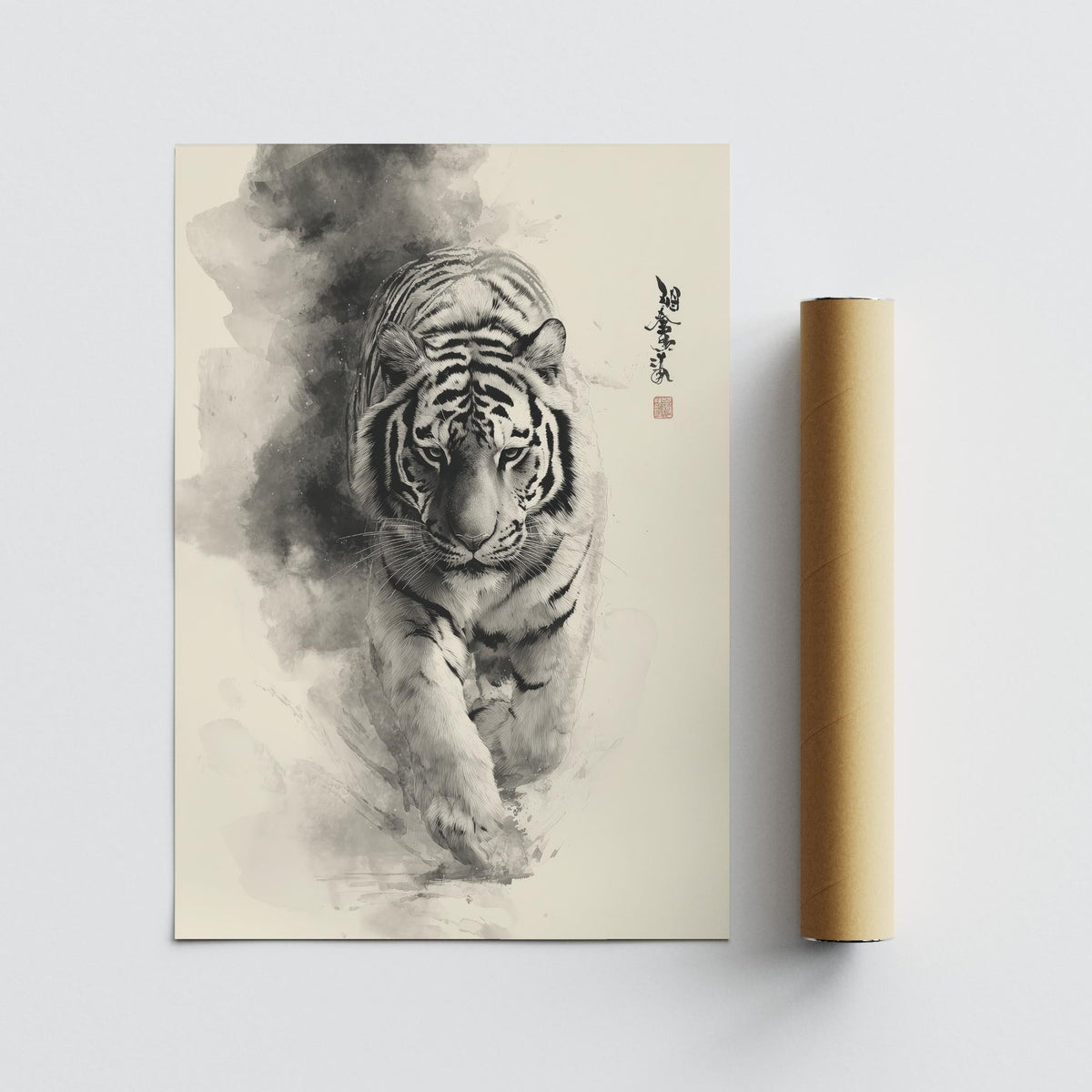 Sumi-e ink painting tiger wall art on cream-toned background.