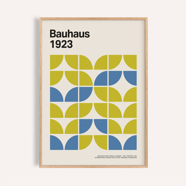 Modern geometric art print with lime and blue semicircles for living room walls