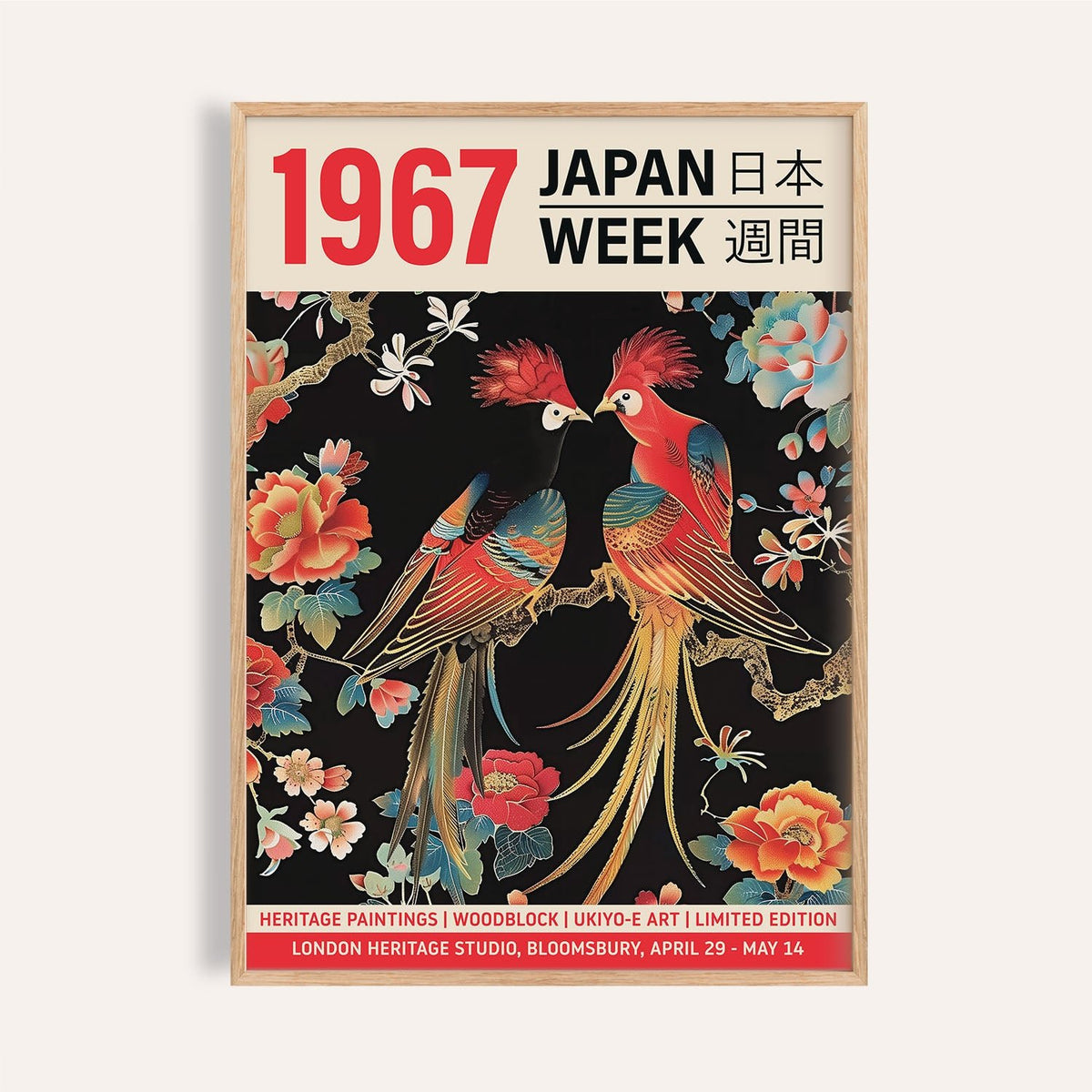 Japanese art posters featuring vibrant birds and florals