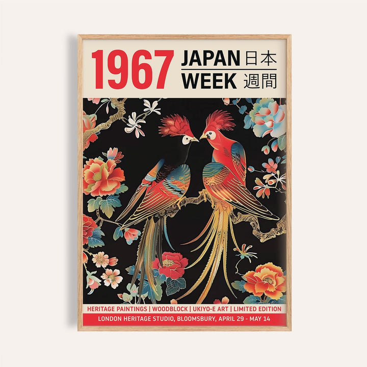 Japanese art posters featuring vibrant birds and florals