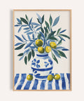 Olive tree wall art with green and blue leaves in striped vase for kitchen print