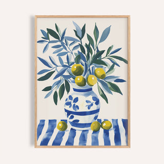 Framed Olive Tree wall art of a blue and green watercolour olive branch with fruit
