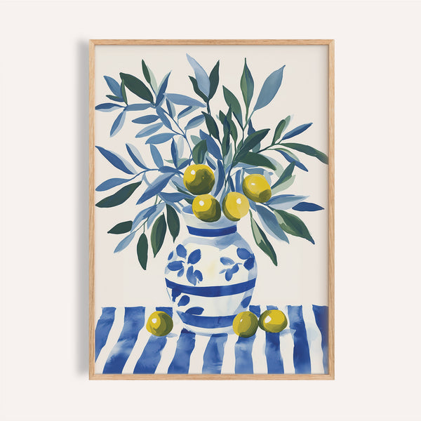 Olive tree wall art with green and blue leaves in striped vase for kitchen print
