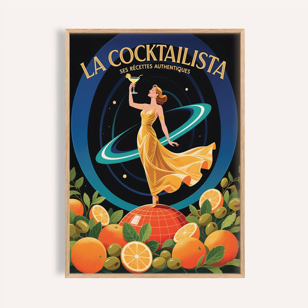 Glamorous golden dress figure featured in retro-style prints for bar wall art
