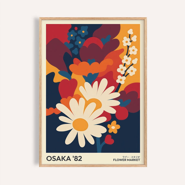 Navy and red art flower print with daisy design for bedroom