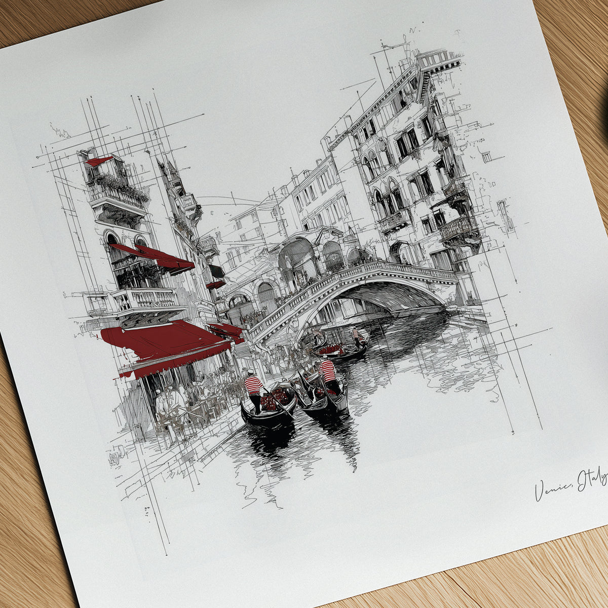 Artistic sketch of a canal scene with gondolas and buildings on a white background