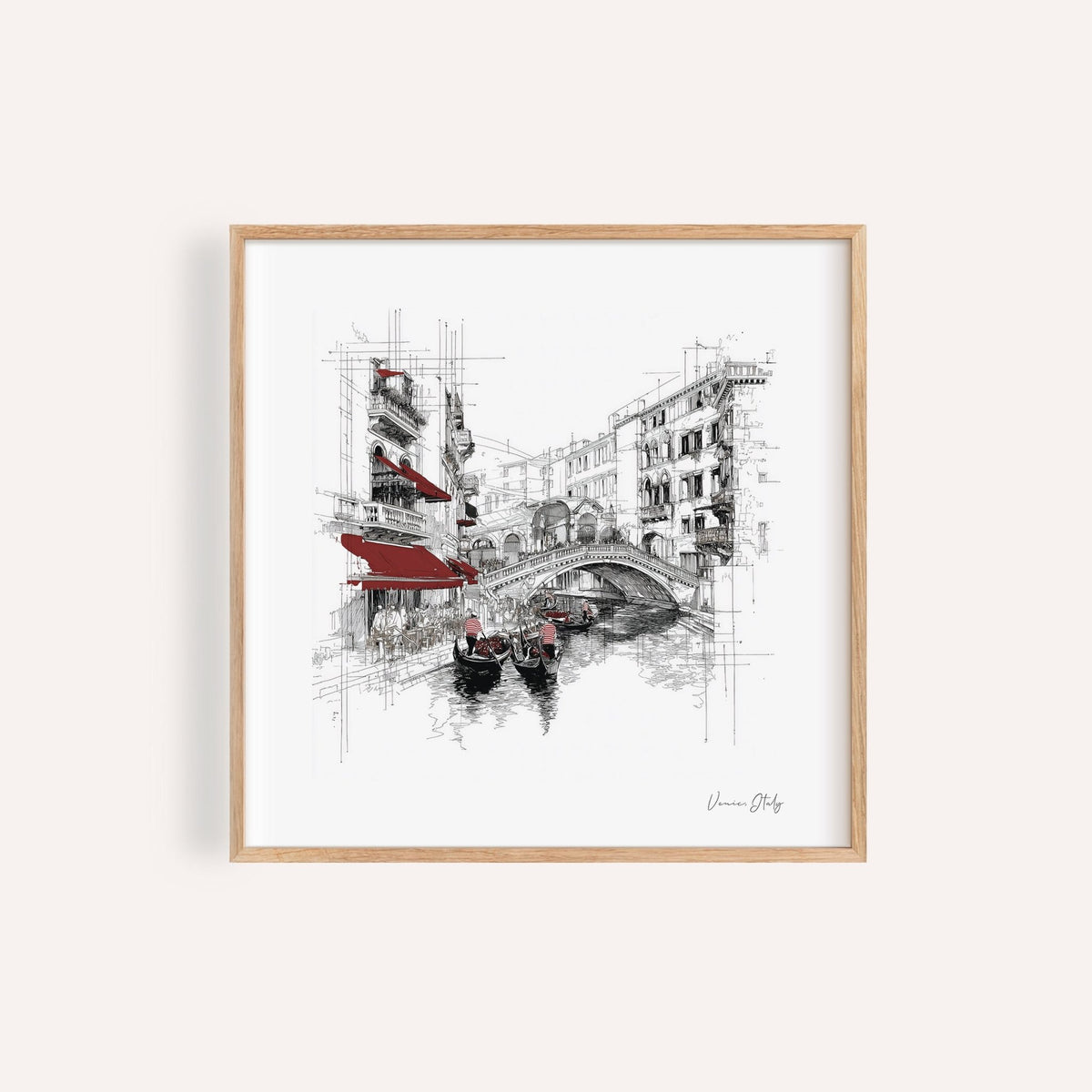 Wall art of Venice Italy featuring gondolas on a canal in square format